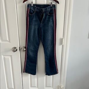 MOTHER Navy Flare Jeans with Burgundy Stripes
